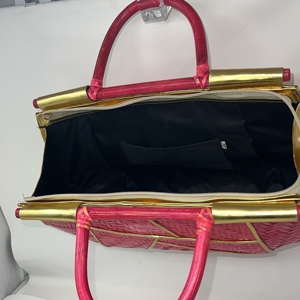 Pink Rattan Gold Lame Leather Zip Large Structured Handbag - Picture 15 of 16